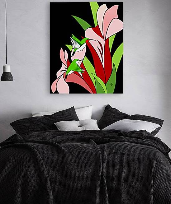 Stylized Floral and Hummingbird On Black Background by Liz Cereby