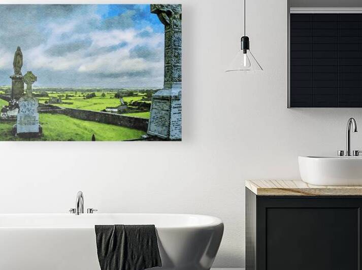 Watercolor depiction of Rock of Cashel cemetery amidst  rolling Irish landscape by Gestalt Imagery