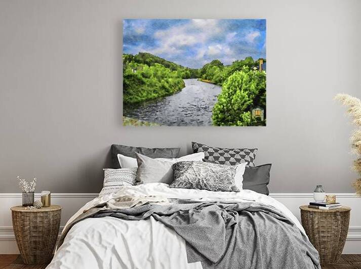 Serene watercolor landscape of a river in County Wicklow Ireland by Gestalt Imagery