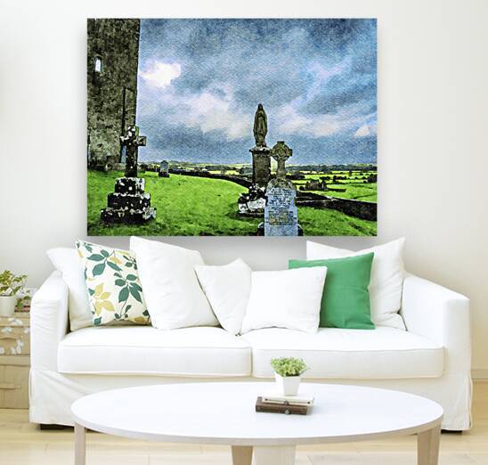 Watercolor painting of Rock of Cashel cemetery in Ireland with dramatic sky by Gestalt Imagery
