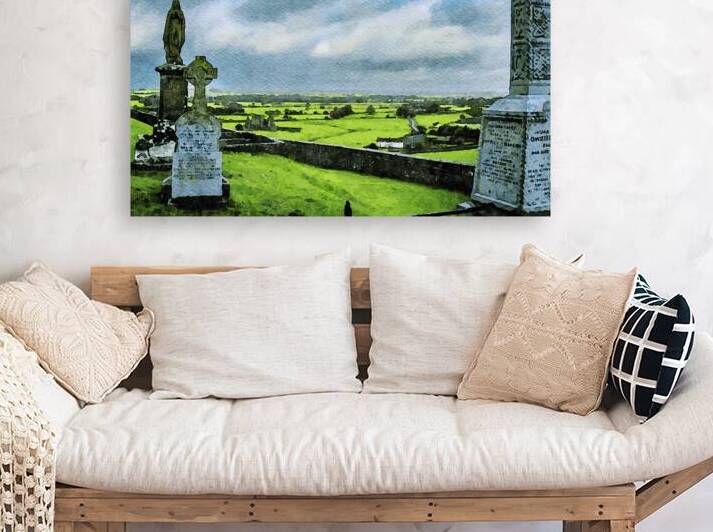 Watercolor depiction of Rock of Cashel cemetery amidst rolling I by Gestalt Imagery
