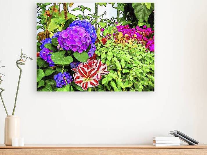 Colorful watercolor painting of blooming garden flowers by Gestalt Imagery