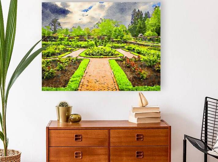 Tranquil watercolor garden with lush greenery and scenic pathway by Gestalt Imagery