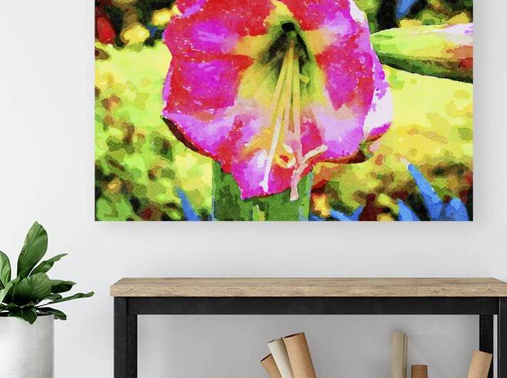 Vibrant watercolor painting of a red amaryllis flower in bloom by Gestalt Imagery