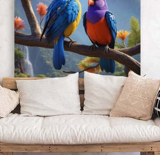 Two blue-feathered birds resting on a branch overlooking a picturesque waterfall and mountainous landscape. by moustafa elsayed