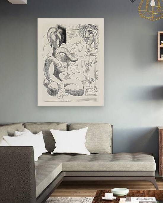 Cubist engraving: an enigmatic scene with three figures and a sculpted mask by FREDO2025