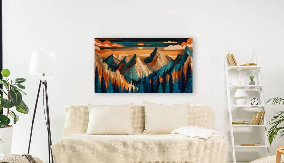 Layered Paper-Cut Mountain Landscape: A Sunset Symphony of Nature by WallArtShow