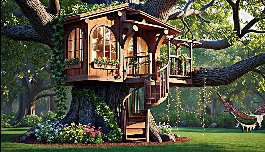 Imagine a whimsical treehouse nestled high among the branches of a majestic oak tree. 1 by Amine Karaouzene