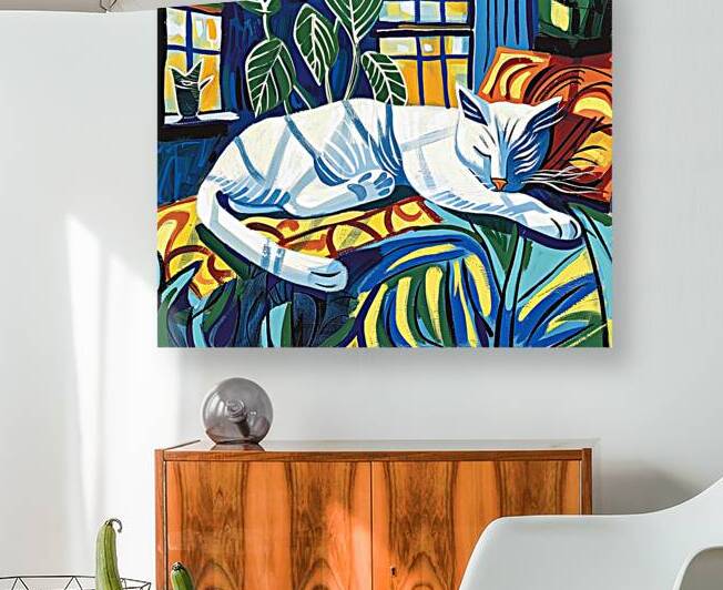 White cat sleeping in the sunlight Matisse Wall art prints on demand by Fabd