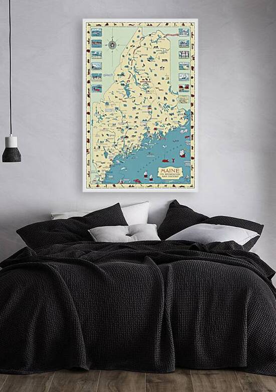 Mid-Century Pictorial Map of Maine Showcasing Coastal Towns Lighthouses Lobster Boats and Forests with Cartoony Art and Informative Labels Designed to Promote Tourism and Celebrate Local Culture by History In Your Home