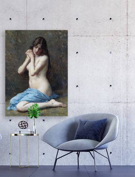 Seated Woman With Blue Drape Vintage Oil Painting by One Simple Gallery