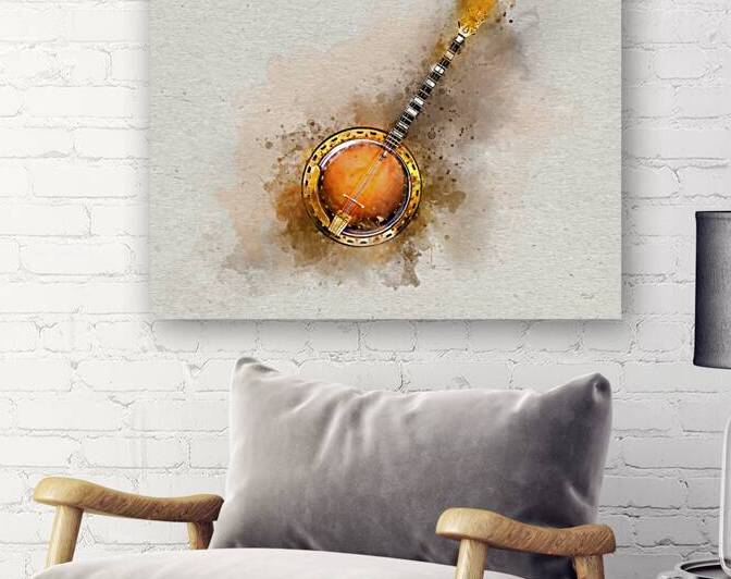 Banjo in Vibrant Watercolor - Colorful Stringed Musical Instrument by Andreea Eva Herczegh