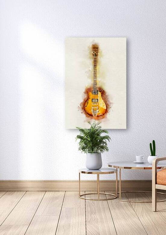 Gold Sunburst Semi-Hollow Blues Guitar in Watercolor Splashes by Andreea Eva Herczegh