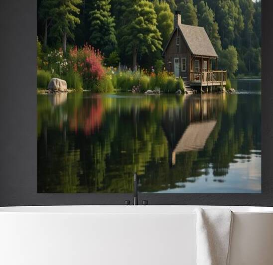A small cabin by a serene lake framed by trees and flowers with a dock in the foreground captured in a tilt-shift style. by moustafa elsayed