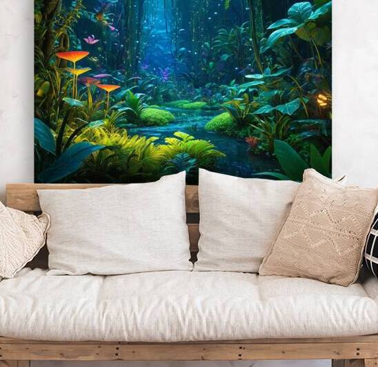 a pathway through a jungle with lots of plants and flowers on it leading to a waterfall in the middle of the jungle fantasy art  a matte painting by moustafa elsayed