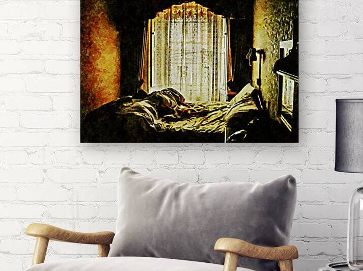 Cozy bedroom with sunlight filtering through lace curtains by Gestalt Imagery