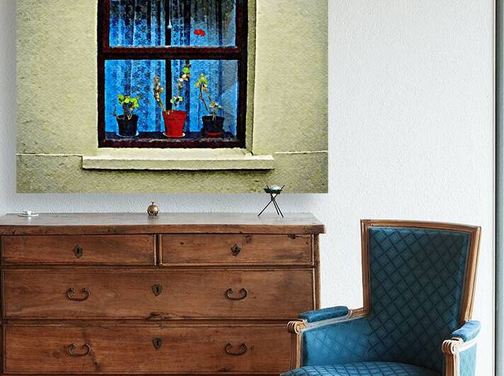 Charming window view with potted plants in Dingle Ireland watercolor art by Gestalt Imagery