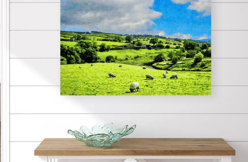 Idyllic watercolor depiction of Lake District countryside with grazing sheep by Gestalt Imagery