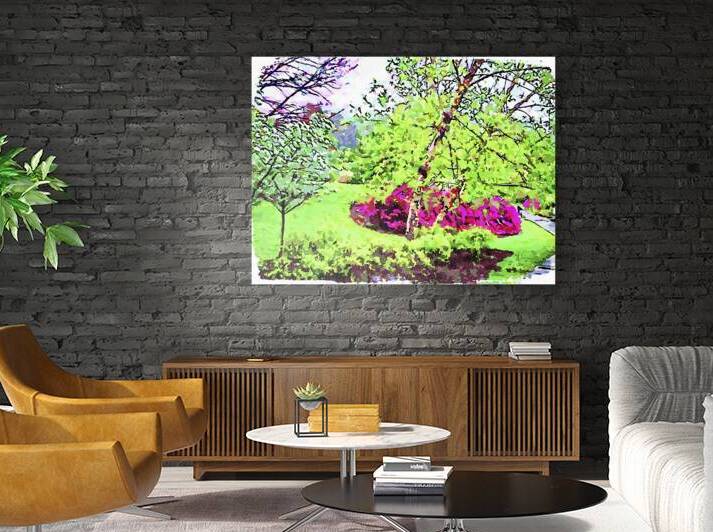 Vibrant watercolor landscape of a lush spring garden by Gestalt Imagery