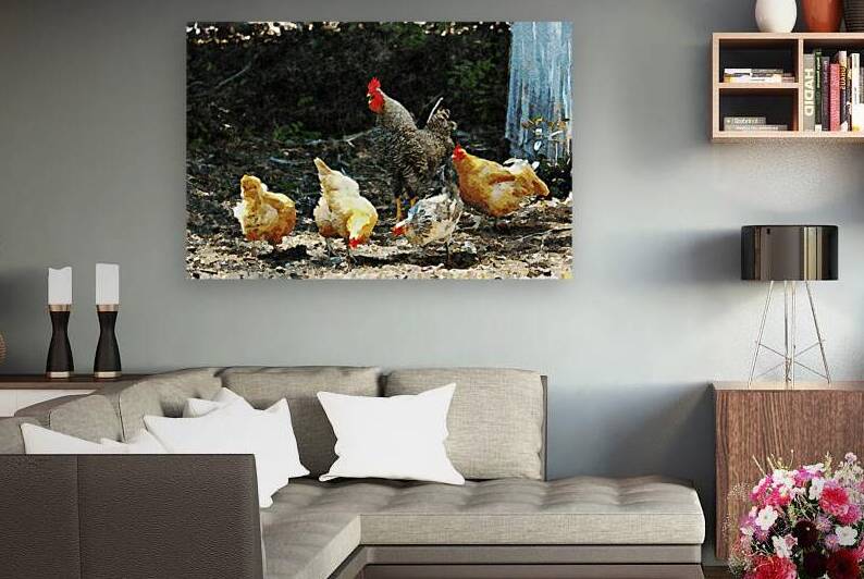 Watercolor illustration of chickens and rooster in a natural setting by Gestalt Imagery