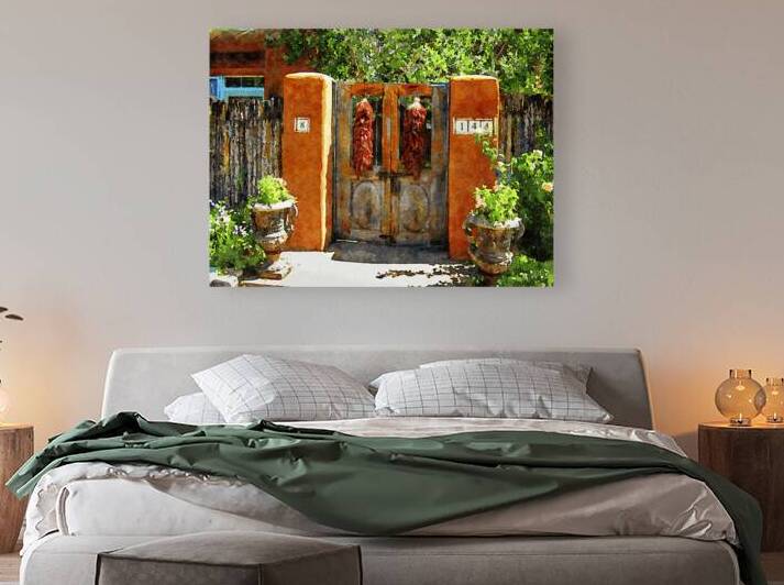 Watercolor depiction of Santa Fe courtyard with vibrant vegetation by Gestalt Imagery
