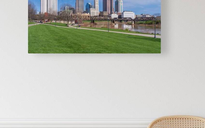 Columbus Ohio waterfront skyline behind railroad truss bridge by Steve Heap