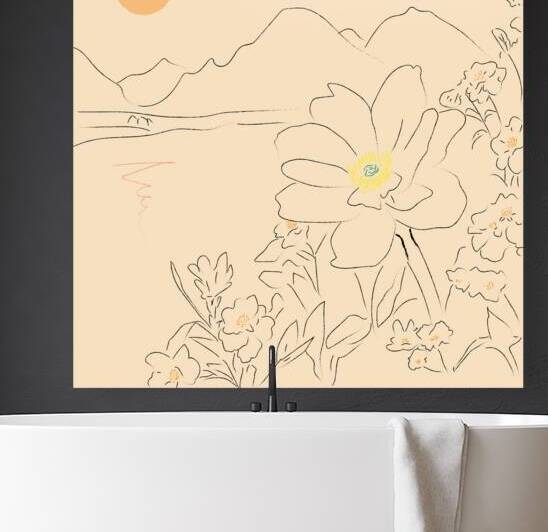 Golden Bloom at Sunrise – Minimalist Floral Line Art with Mountain Landscape by Umar Danish