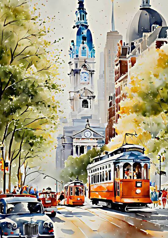 Watercolor style painting of Busy Philadelphia Street-UN8 by topgallery