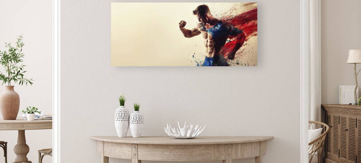 Dynamic superhero figure showcasing strength and power with colorful splashes in a striking action pose by Ali Jaber
