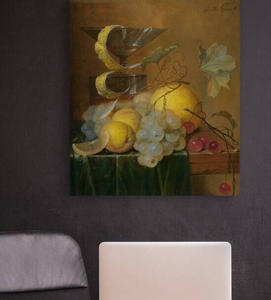 Still Life With A Wine Glass. Lemon Peel. Peaches. Grapes And Cherries On The Corner Of A Partly Draped Wooden Table by Jan Davidsz de Heem [1606–1684] by MyCozyFineArt