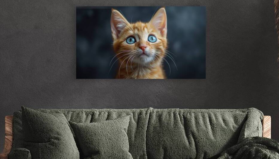 A small orange cute kitten with blue shiny eyes Facing forward sharp and focused expression cinematic photography by Ali Jaber