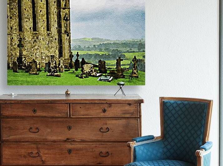 Watercolor painting of Rock of Cashel with historic cemetery in Ireland by Gestalt Imagery