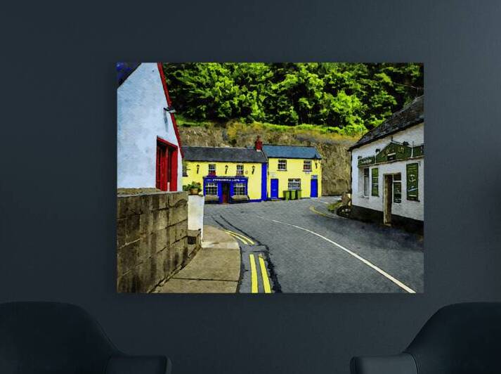 Charming watercolor street scene of Avoca Ireland with colorful buildings by Gestalt Imagery