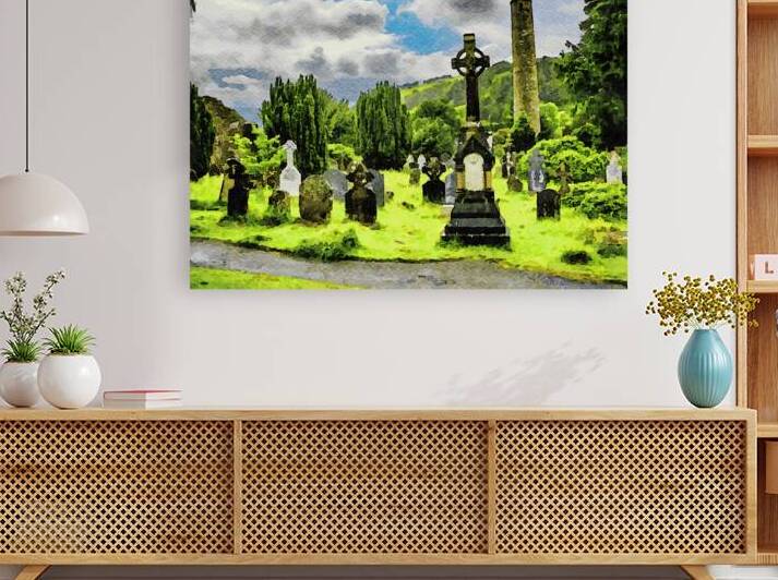 Scenic watercolor of an ancient cemetery with Celtic cross by Gestalt Imagery