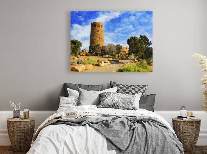 Watercolor painting of Desert View Watchtower at Grand Canyon Arizona by Gestalt Imagery