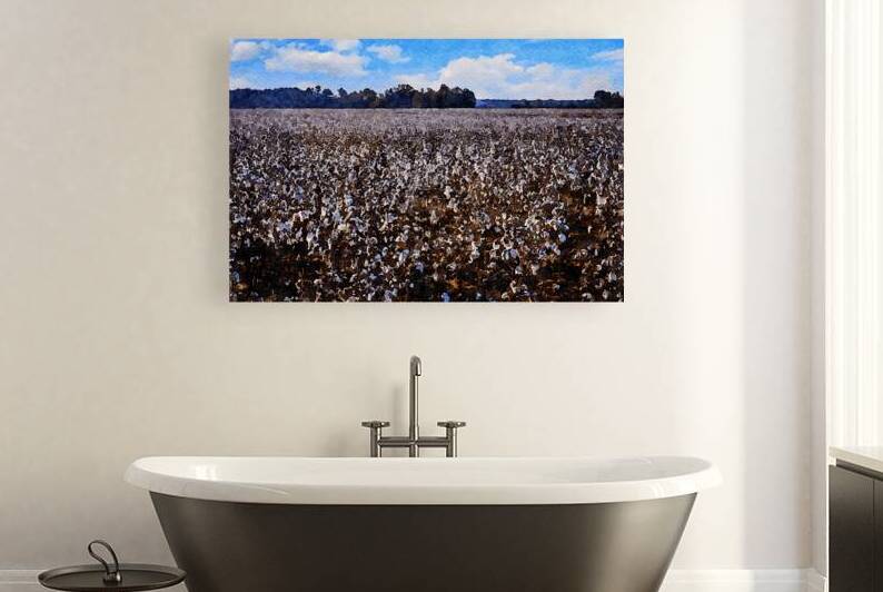 Serene watercolor painting of a cotton field under a clear blue sky by Gestalt Imagery
