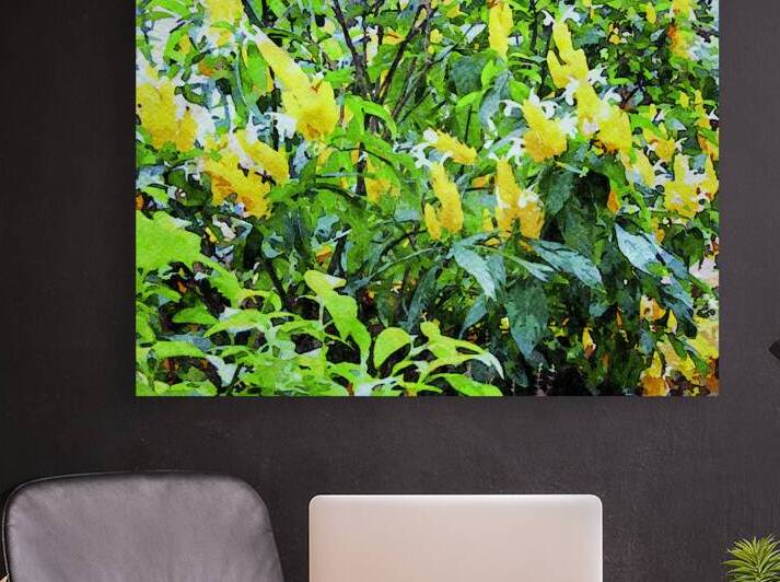 Vibrant watercolor of butterfly bush with lush green leaves and yellow blooms by Gestalt Imagery