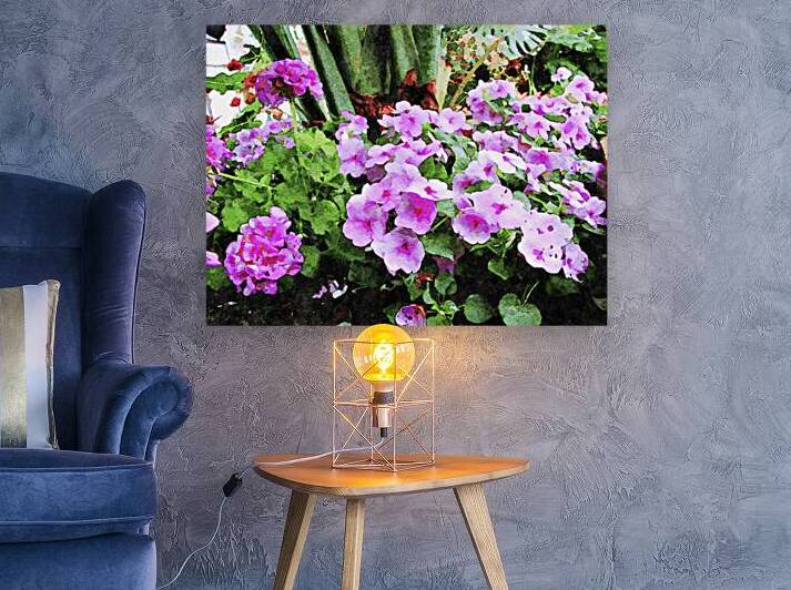 Vibrant watercolor painting of impatiens flowers in lush green garden by Gestalt Imagery