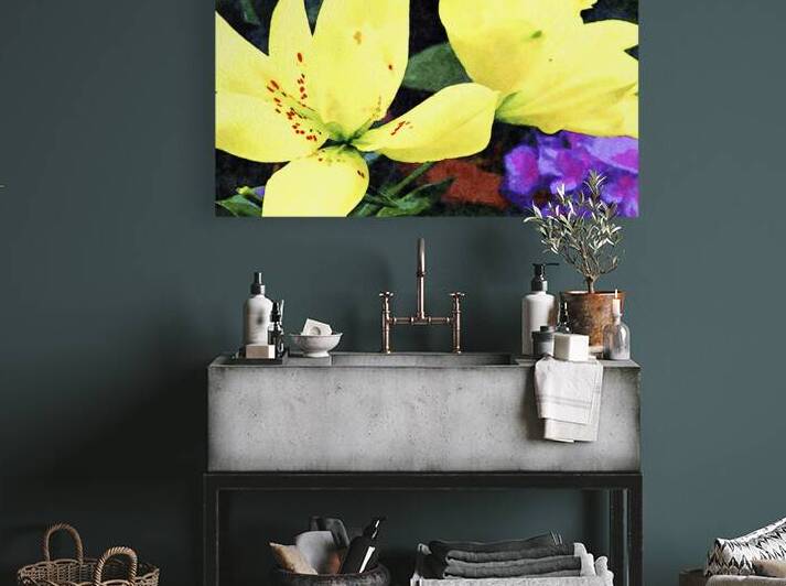 Vibrant yellow lilies in a watercolor style against greenery and yellow blooms by Gestalt Imagery