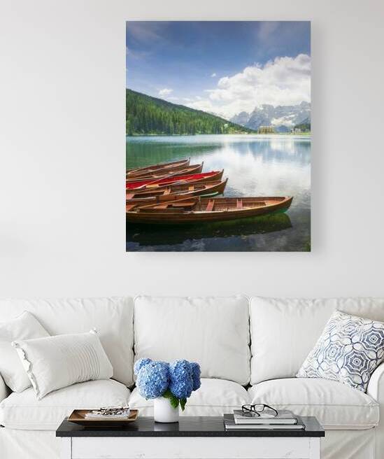 Boats on the Lake Misurina and Dolomites mountains by Stefano Orazzini
