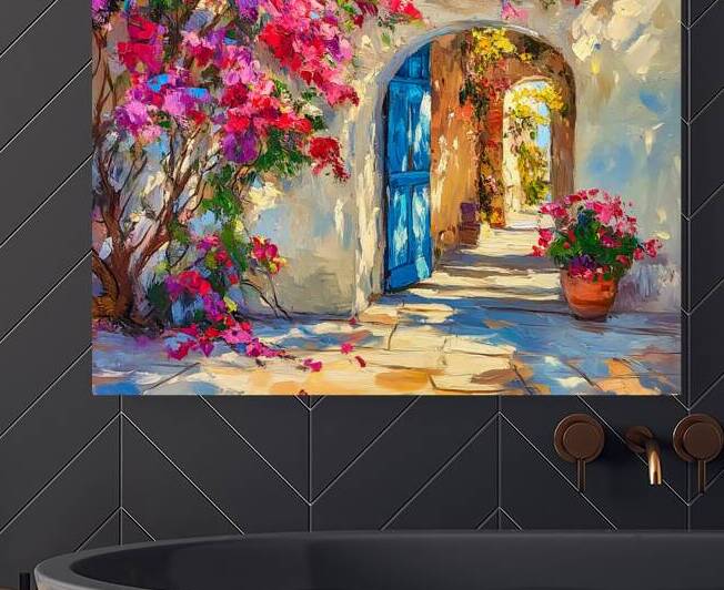 Courtyard with Blue Door and Pink Roses by Travelling Light
