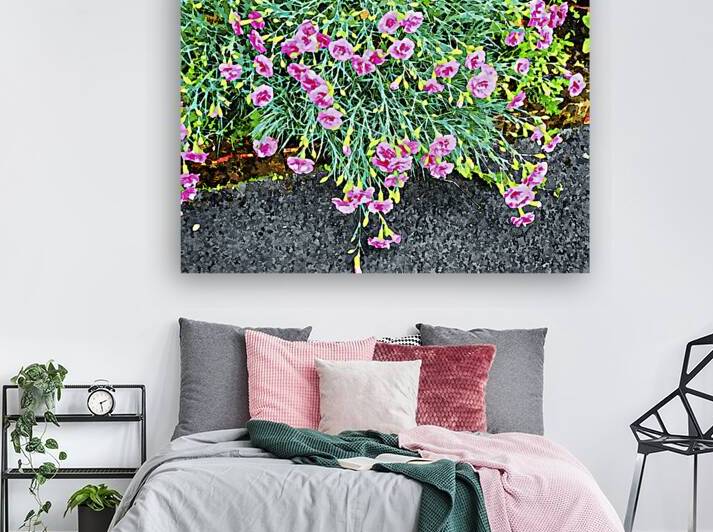 Vibrant watercolor painting of pink carnations in a lush garden setting by Gestalt Imagery