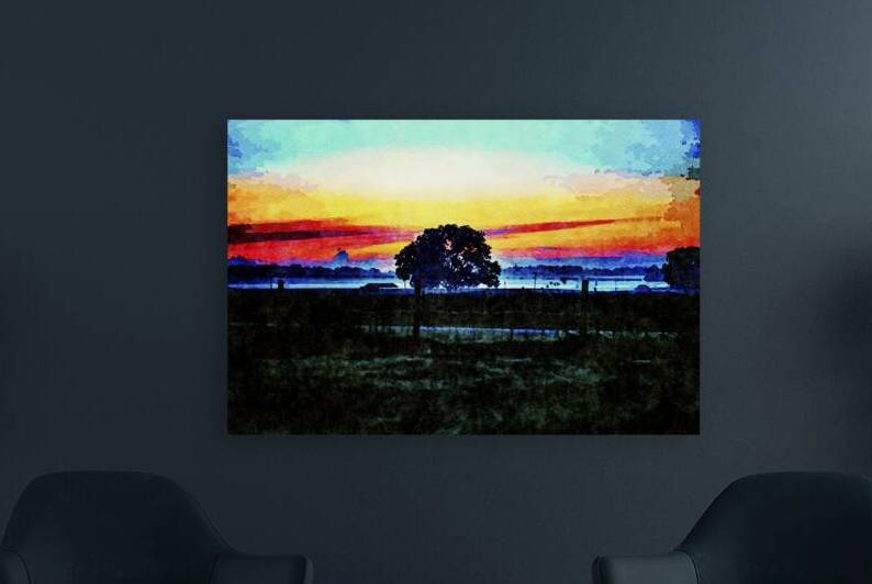 Vibrant sunset landscape with tree in watercolor style by Gestalt Imagery