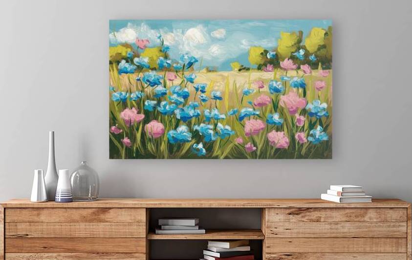 A painting of a country meadow with pretty blue and pink flowers by Wall   Art