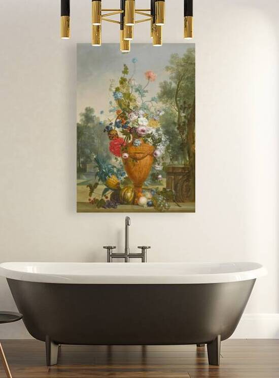 A Vase Of Peonies. Chrysanthemums And A Carnation With Exotic Fruits In A Garden by Jacobus Linthorst [1745–1815] by MyCozyFineArt