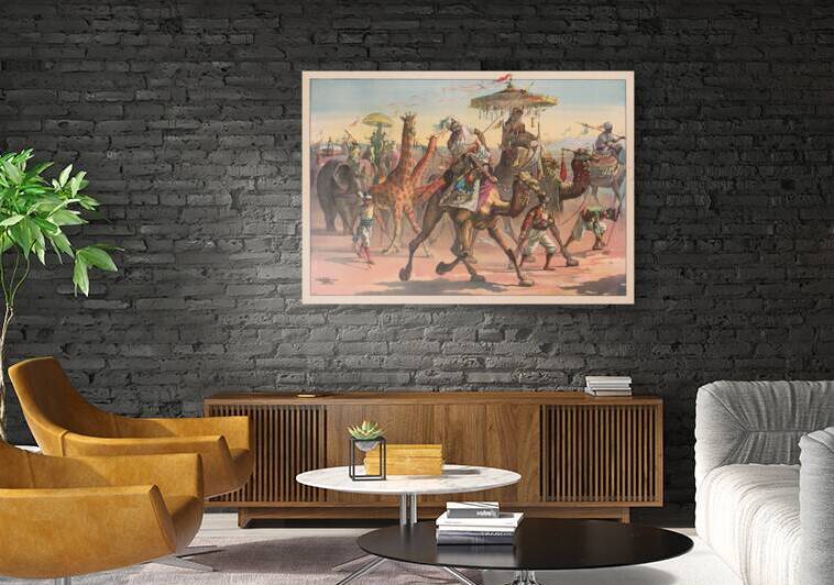 Circus troupe with people in exotic dress riding camels. Giraffes. Elephants [1890] by Calvert Litho. Co [1863–] by MyCozyFineArt