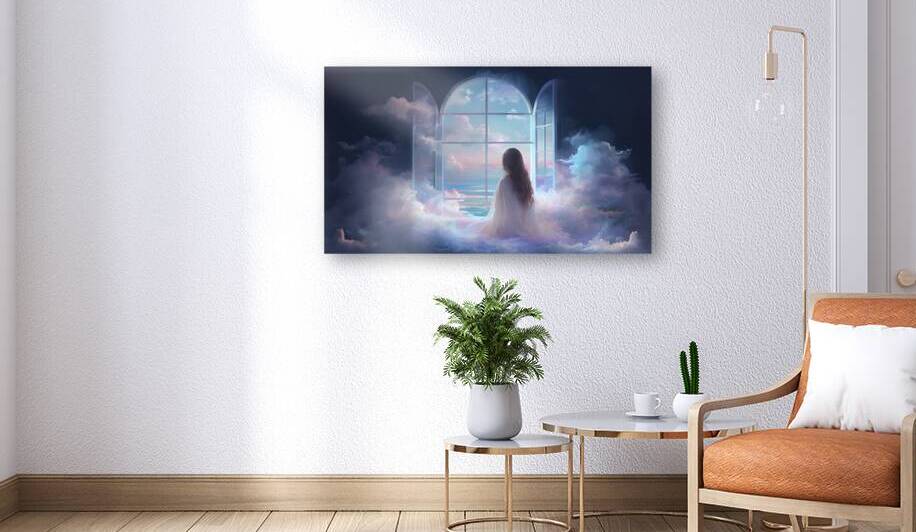Celestial Dreams – Ethereal Girl Gazing Through a Window of Clouds  by Avenue Arts