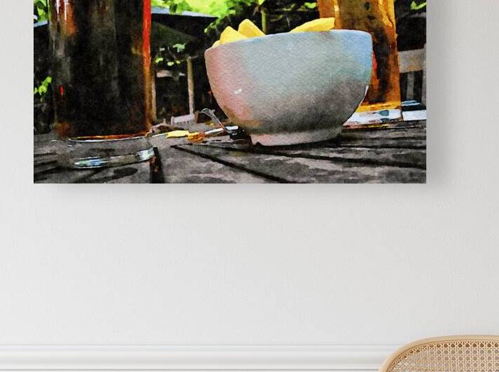 Two glasses of beer and snacks on a wooden table outside by Gestalt Imagery