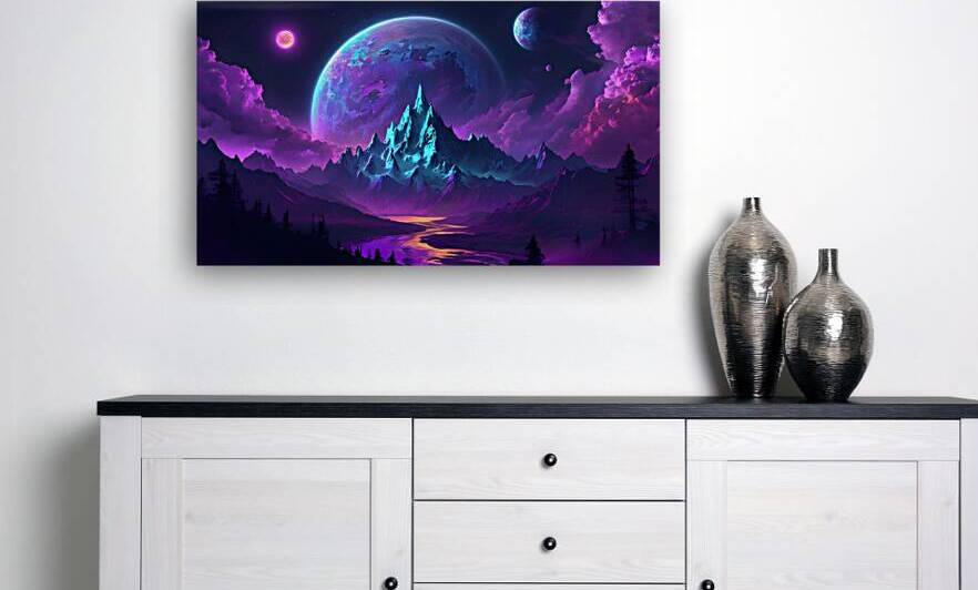 Otherworldly Neon Peaks: A Cosmic Fantasy Landscape  by Avenue Arts