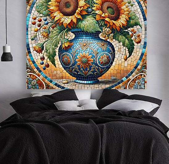 Elegant Mosaic Art of Sunflowers in a Blue Ornate Vase by Carole Bally